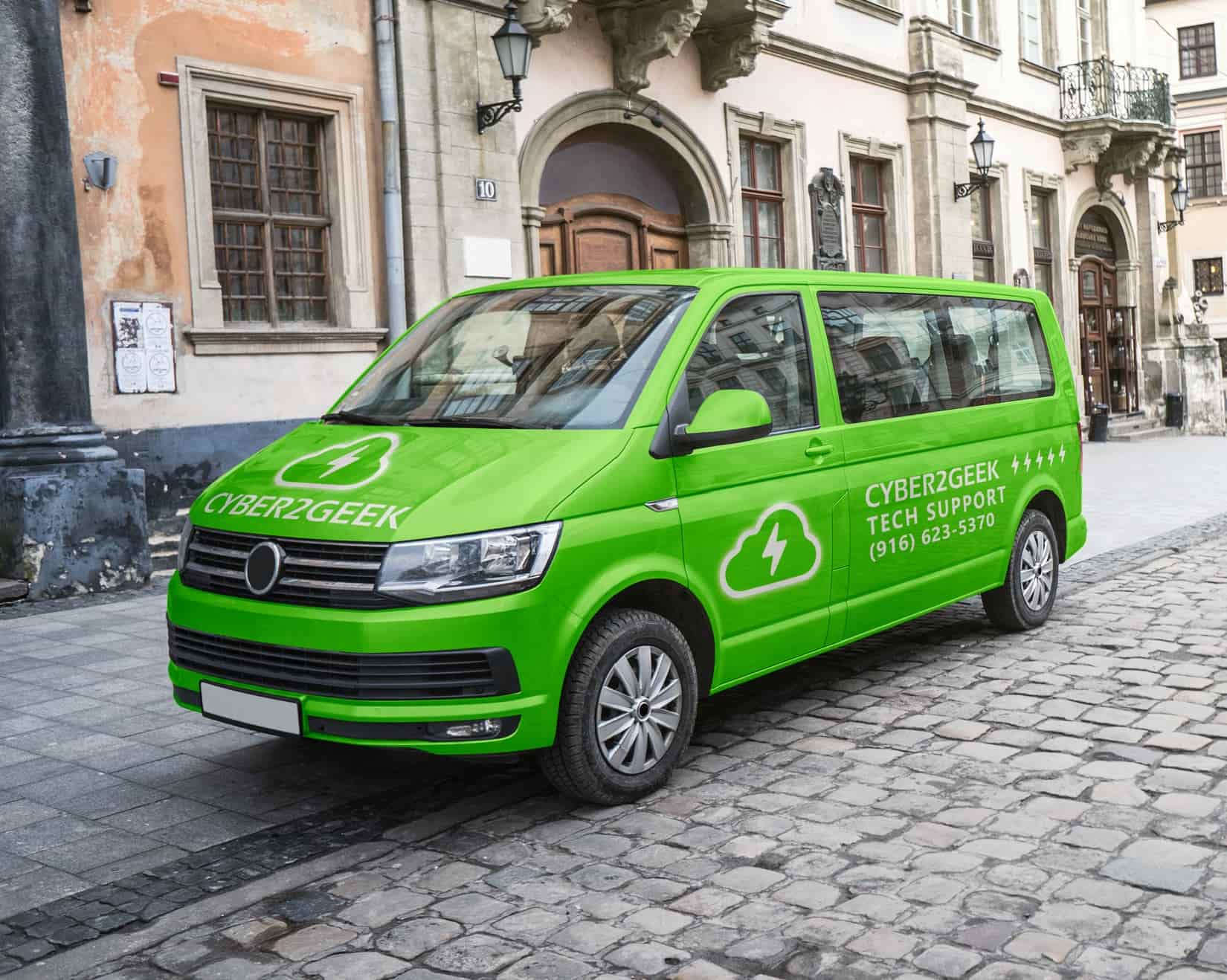 Cyber2Geek green van — local in-house MSP serving Sacramento SMBs.